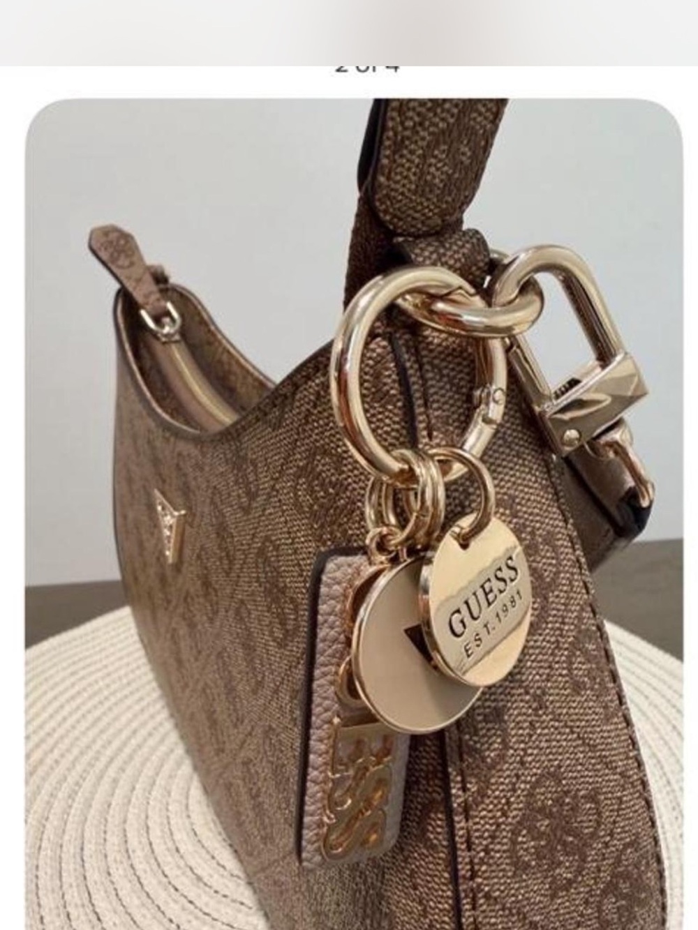GUESS Brown Monogram Shoulder Bag with Gold-Tone Charms